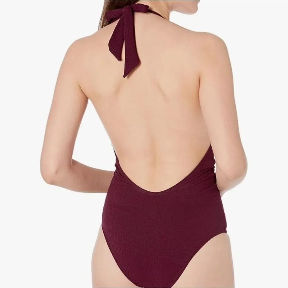 Cyn & Luca Women's LARGE Maroon One Piece Swimsuit with Self Neck Tie - NEW